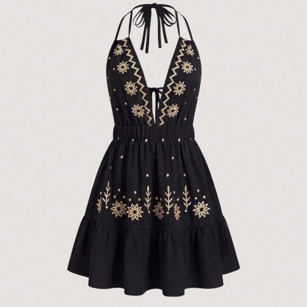 Black Embroidered Halter Summer Dress